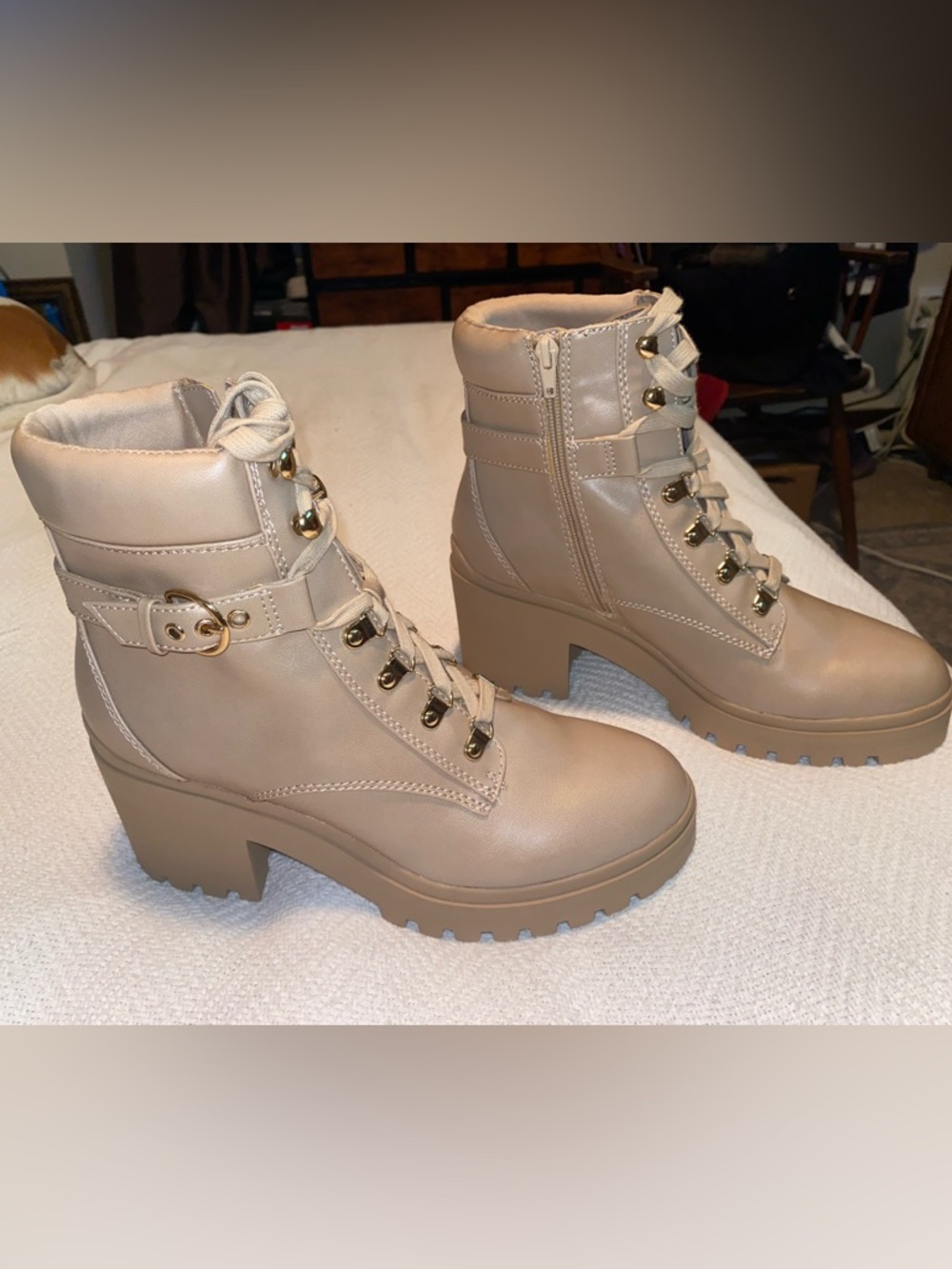Brand New Taupe Zipper Chunky Heel Boots
